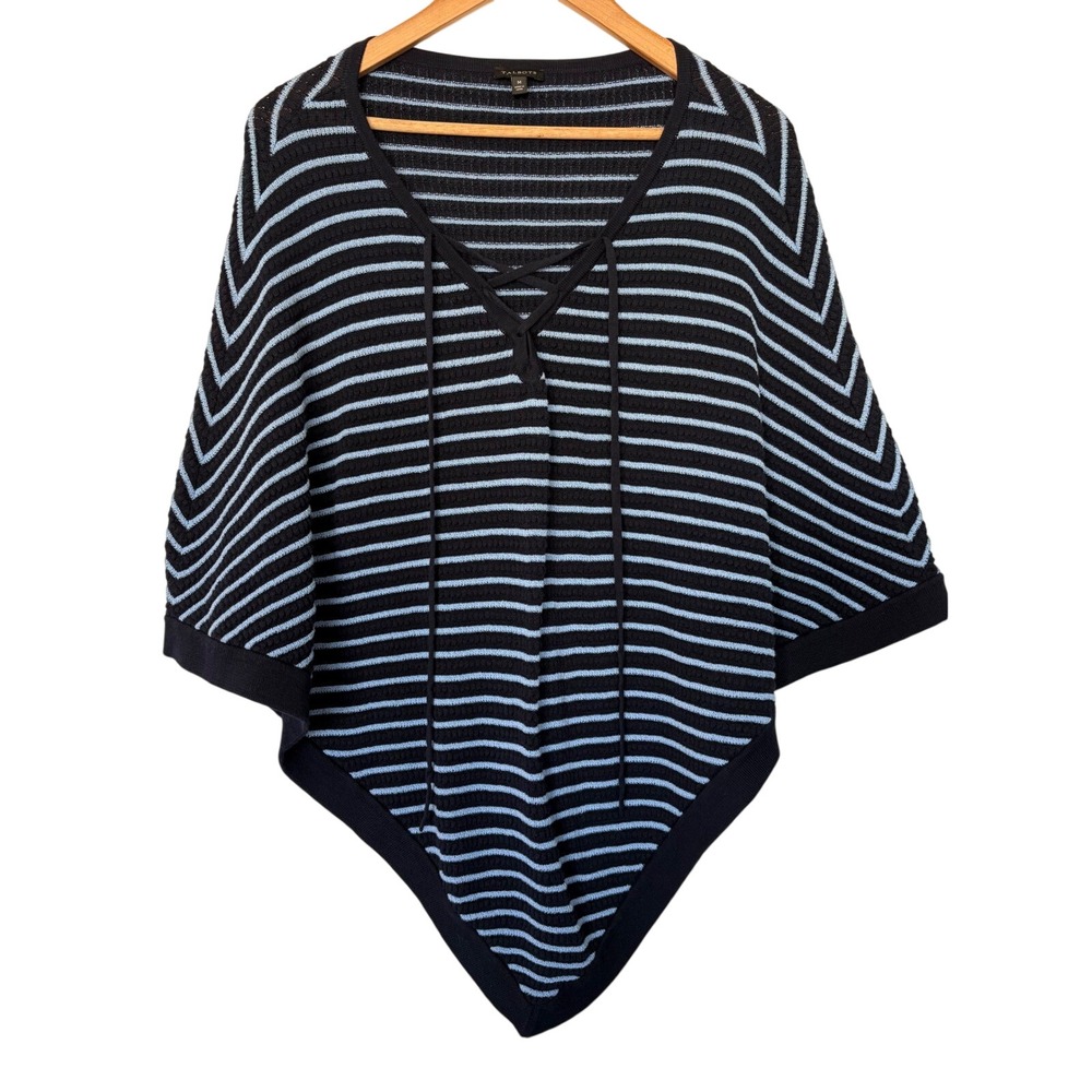 Talbots Womens Navy Blue Striped Lace Up V-Neck Poncho Knit Sweater Top Medium